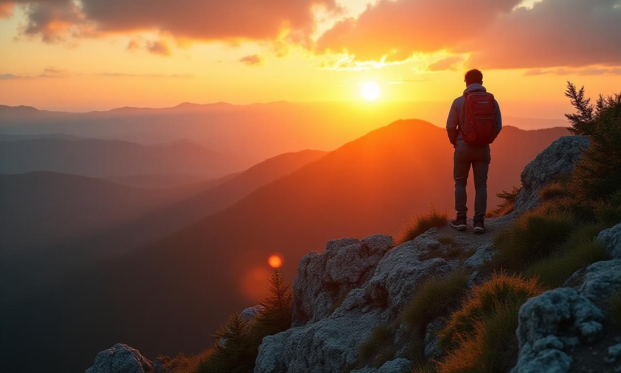 Adventurer standing on a mountain ridge